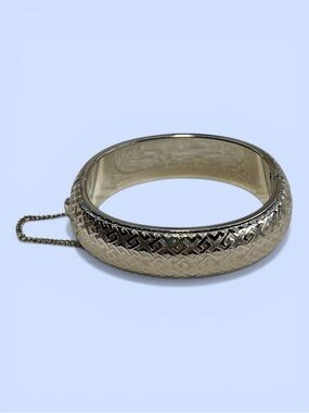 Silver Tone Hinged Bangle Bracelet Safety‎ Chain VTG EUC